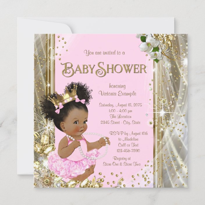 Red White and Gold African American Afro Puffs with Gold Tiara Invites Princess Royal Baby Shower Printable Invitation 7x5