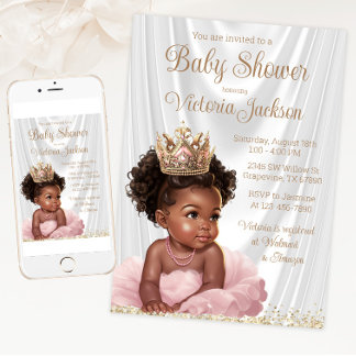 African American Princess Baby Shower Pink Gold Invitation