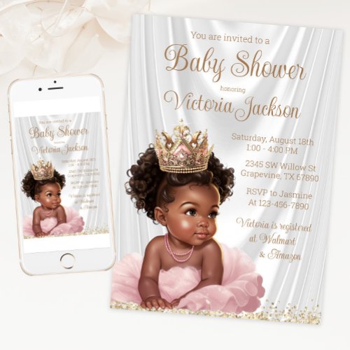 African American Princess Baby Shower Pink Gold Invitation