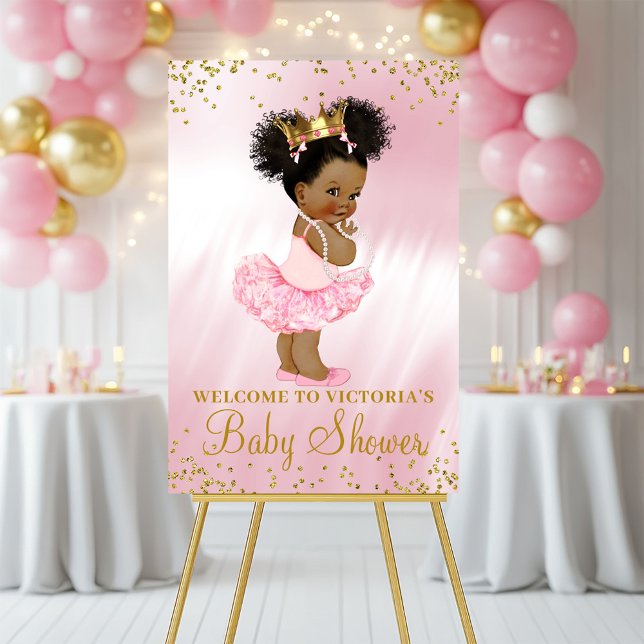African American Princess Baby Shower Welcome Sign (Afro puff tutu baby girl pink gold baby shower welcome sign. Simply add your event details.)