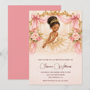 African American Princess Ballerina 1st Birthday Invitation