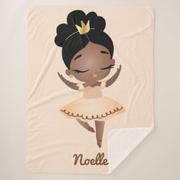 African American Princess Ballerina w/Crown Beige Sherpa Blanket