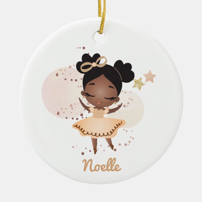 African American Princess Ballerina with Bow Ceramic Ornament (Front)