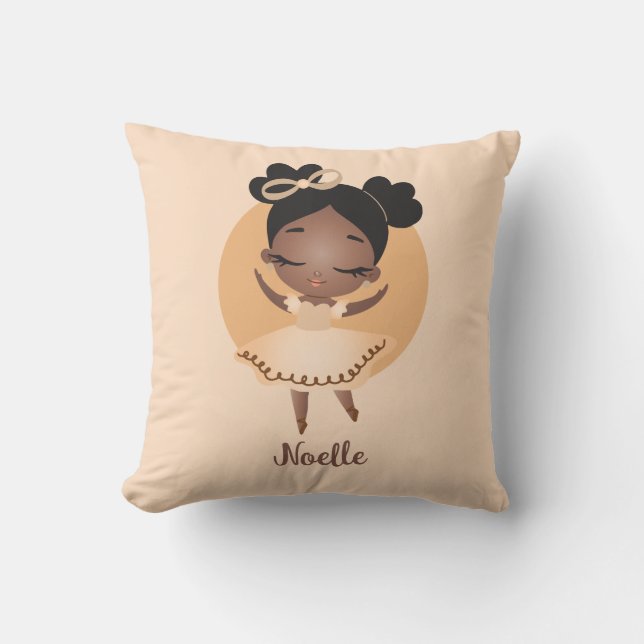 African American Princess Ballerina with Bow Throw Pillow (Front)