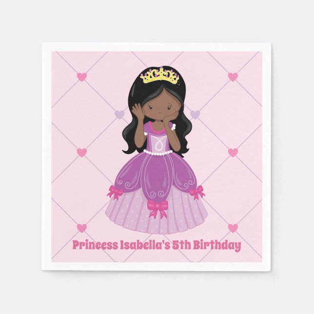 African American Princess Cute Pink Birthday Party Napkins (Front)