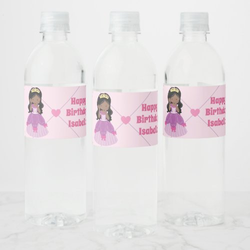 African American Princess Cute Pink Birthday Party Water Bottle Label
