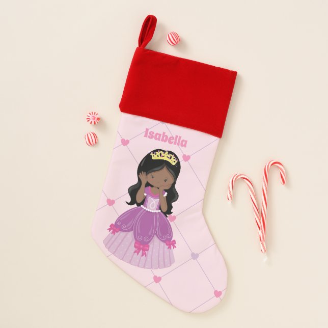African American Princess Cute Pink Custom Girls Christmas Stocking (Front)