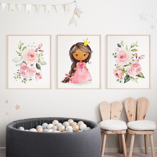 African American Princess Flowers Girl Nursery Wall Art Sets