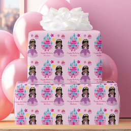 African American Princess Girl Cute Pink Birthday Wrapping Paper