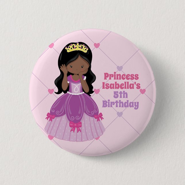 African American Princess Girl Pink Birthday Party Button (Front)