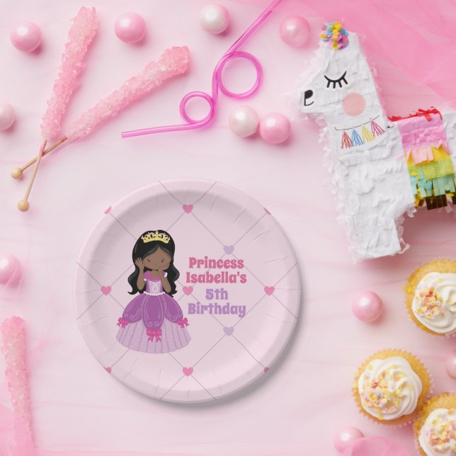 African American Princess Girl Pink Birthday Party Paper Plates (Party)