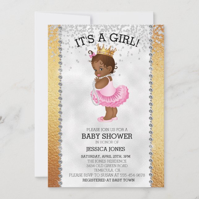 African American Princess Gold Diamond Baby Shower Invitation (Front)