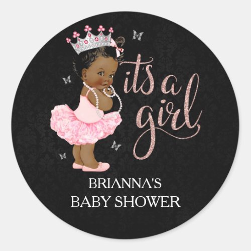 African American Princess Its a Girl Baby Shower Classic Round Sticker