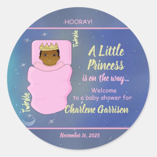 African American Princess Pink Baby Shower   Classic Round Sticker