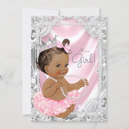 African American Princess Pink Gray Baby Shower Invitation