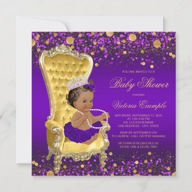 African American Princess Purple Gold Baby Shower Invitation (Front)