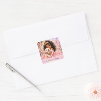 African American Princess with Puppy 6th birthday Square Sticker