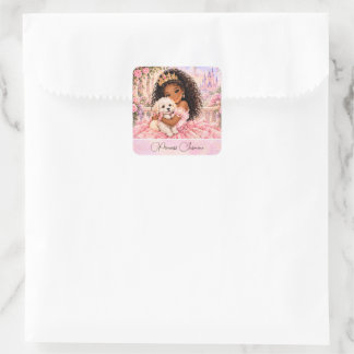 African American Princess with Puppy 7th birthday Square Sticker