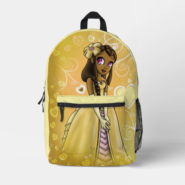 African American Princess Yellow Hearts Printed Backpack (Front)