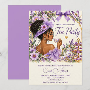 African American Purple 40th Birthday Tea Party Invitation