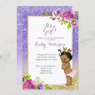 African American Purple Gold Baby Shower Invite