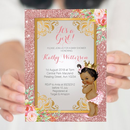 African American Rose Gold Baby Shower Invite