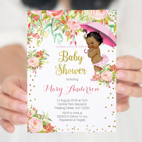 African American Rose Gold Baby Shower Invite Girl