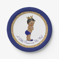 African American Royal Blue Prince Baby Shower Paper Plate
