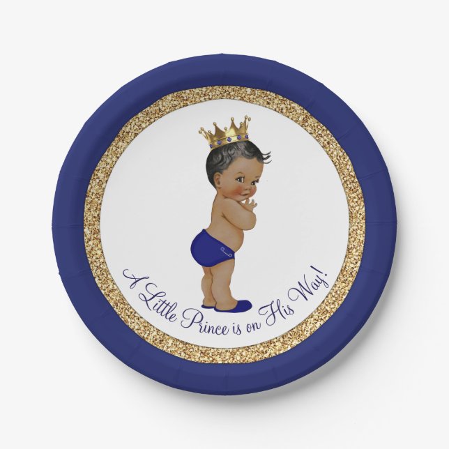 African American Royal Blue Prince Baby Shower Paper Plates (Front)