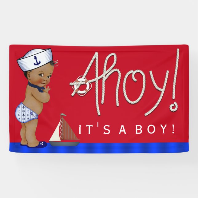 African American Sailor Nautical Baby Shower Banner (Horizontal)
