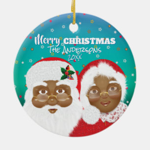 African American Santa and Mrs Claus Christmas Ceramic Ornament