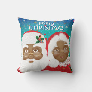 African American Santa and Mrs Claus Christmas Throw Pillow