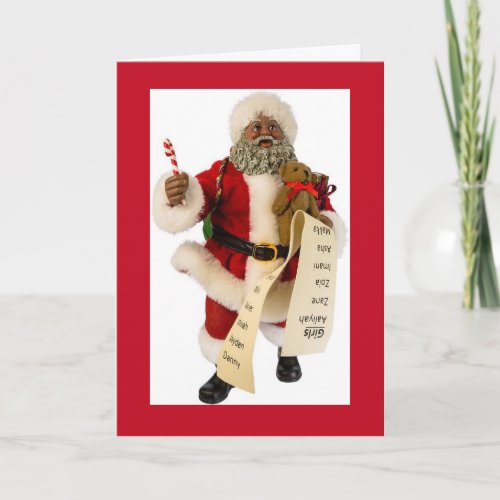 African American Santa Checks List Christmas Card