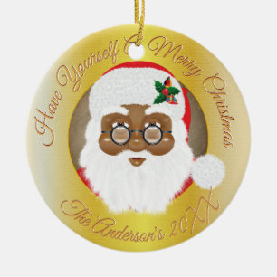 African American Santa Christmas Holiday Ceramic Ornament