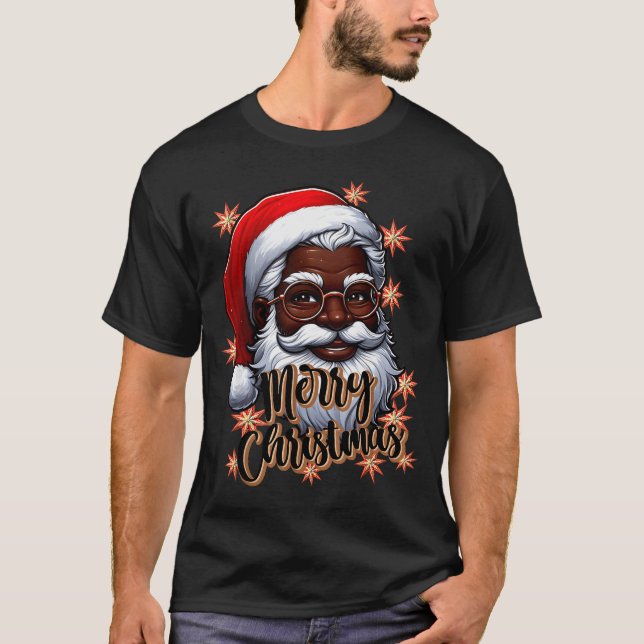 African American Santa Christmas Pajama Black X-ma T-Shirt (Front)