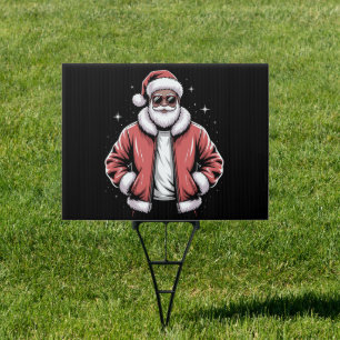 African American Santa Christmas Pajama Cool Black Sign