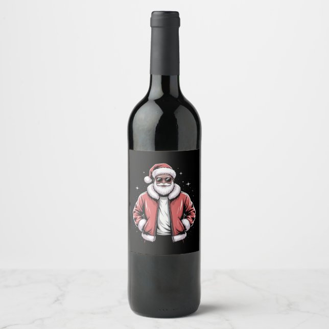 African American Santa Christmas Pajama Cool Black Wine Label (Front)