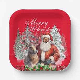 African American Santa Christmas Plates - 8 Pk