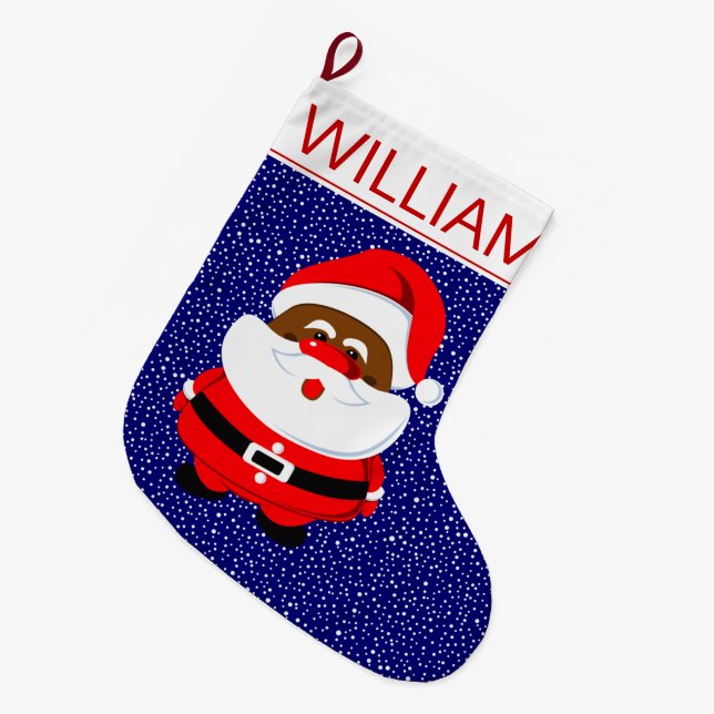 African-American Santa Claus Christmas blue Large Christmas Stocking (Front (Hanging))