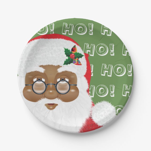 African American Santa Claus Christmas Holiday Paper Plates (Front)
