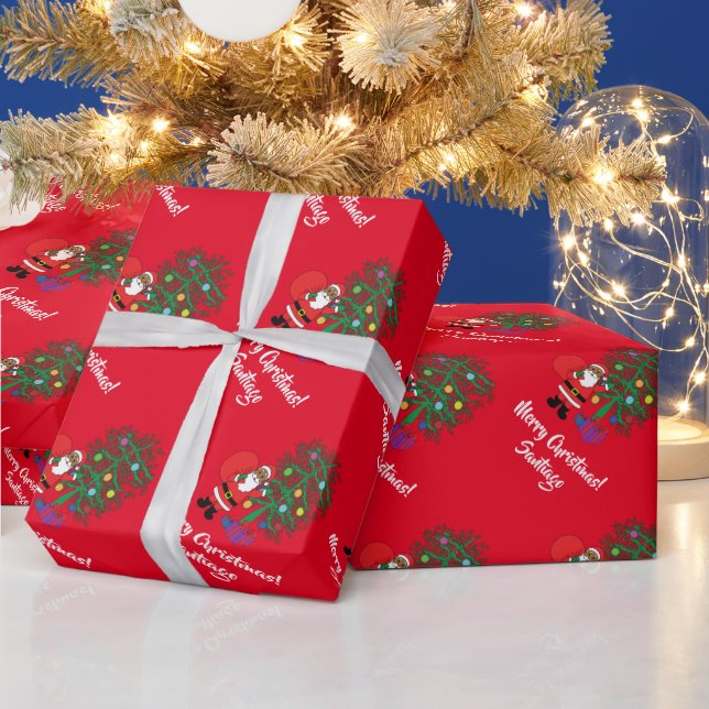 African American Santa Claus Christmas Tree Red Wrapping Paper (Holidays)