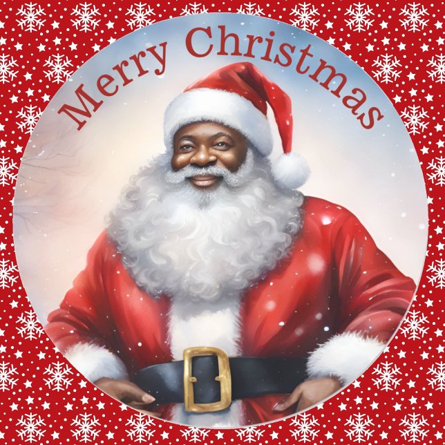 African American Santa Claus Christmas Watercolor Classic Round Sticker (Creator Uploaded)
