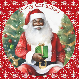 African American Santa Claus Christmas Watercolor Classic Round Sticker
