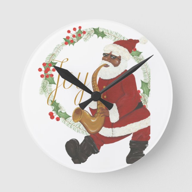 African American Santa Claus Round Clock (Front)