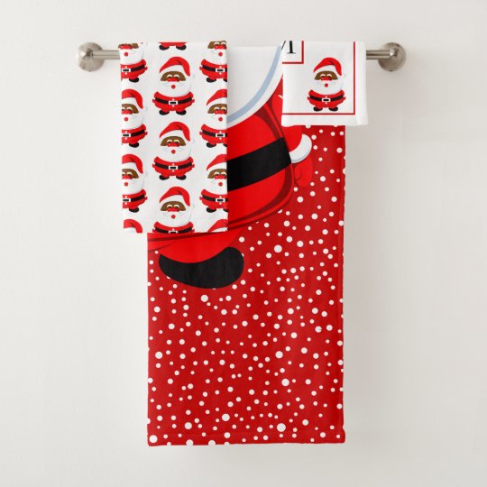 AfricanAmerican Santa Claus, snowflakes monogram Bath Towel Set