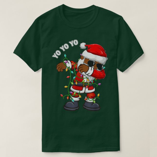 African American Santa Dabbing Tree Lights Xmas Bo T-Shirt (Design Front)