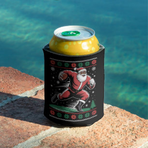  African American Santa Football Ugly Christmas Can Cooler