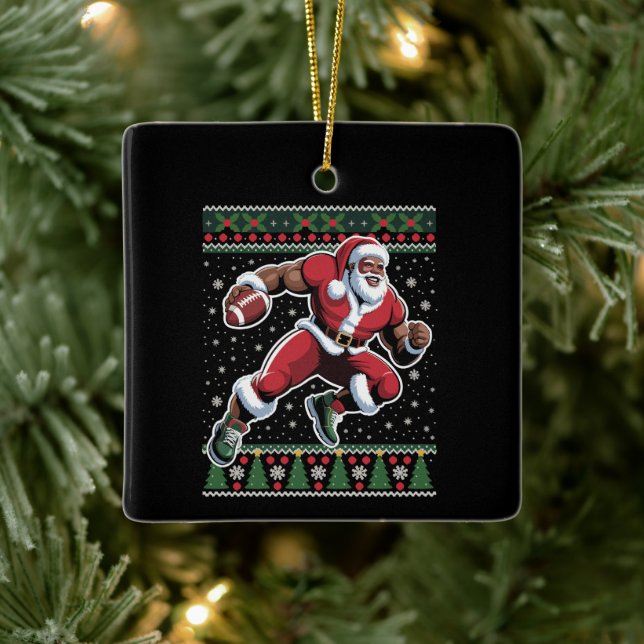 African American Santa Football Ugly Christmas  Ceramic Ornament (Tree)