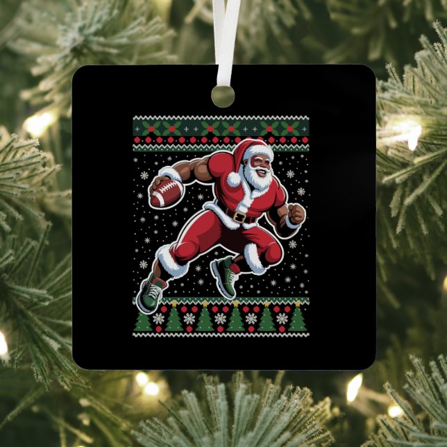 African American Santa Football Ugly Christmas  Metal Ornament (Insitu)