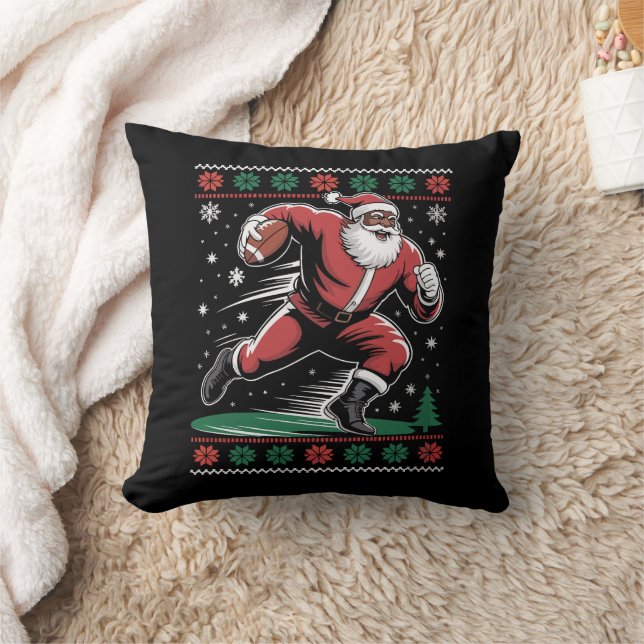  African American Santa Football Ugly Christmas Throw Pillow (Blanket)